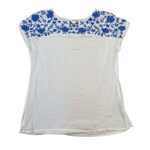Flower &Feather Women's Shirt 1XL Peasant Top White Blue Embroidered Flowers